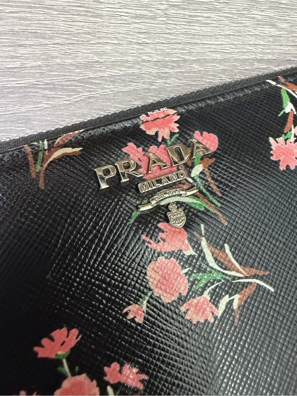 Prada Black Floral Zippy Wallet